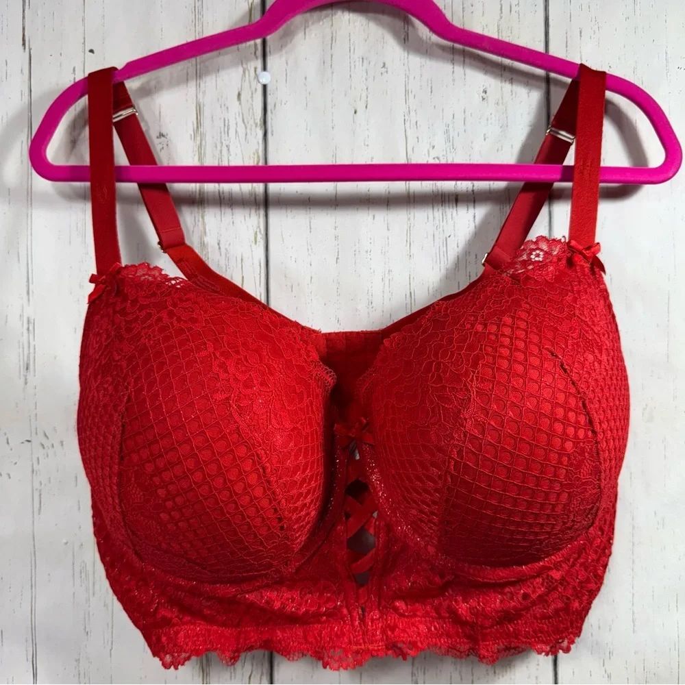 Cacique Red Lace Boost Balconette Bra 42DD Sexy Plus Size Lingerie Push Up